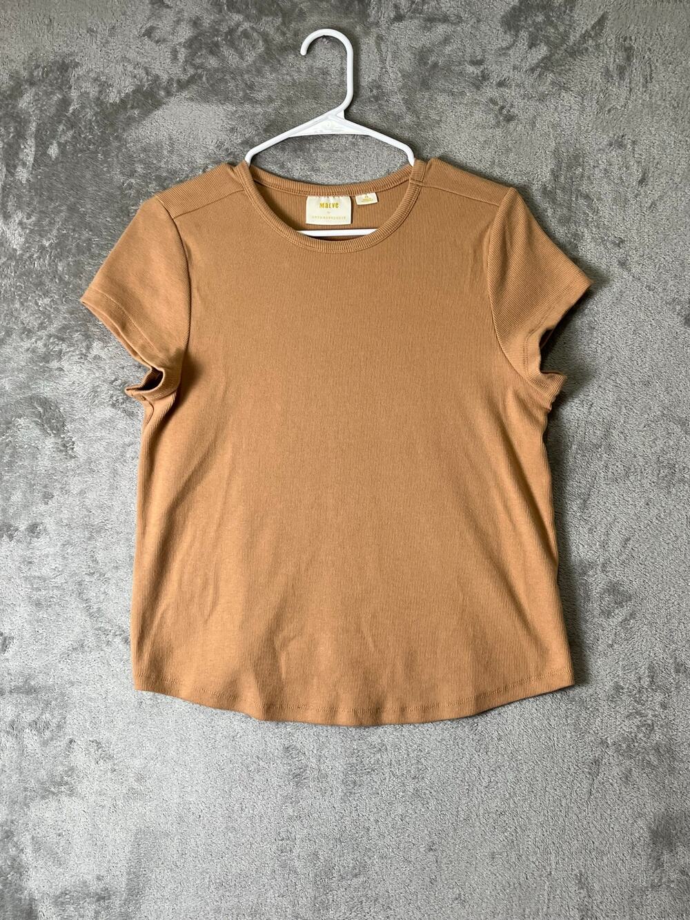 Maeve by Anthropologie Camel Ribbed Crewneck Short Sleeve Top Size 2X Minimalist